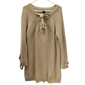 Nude sweater Small Women's V neck tie up knit tan style ND3040 oversized